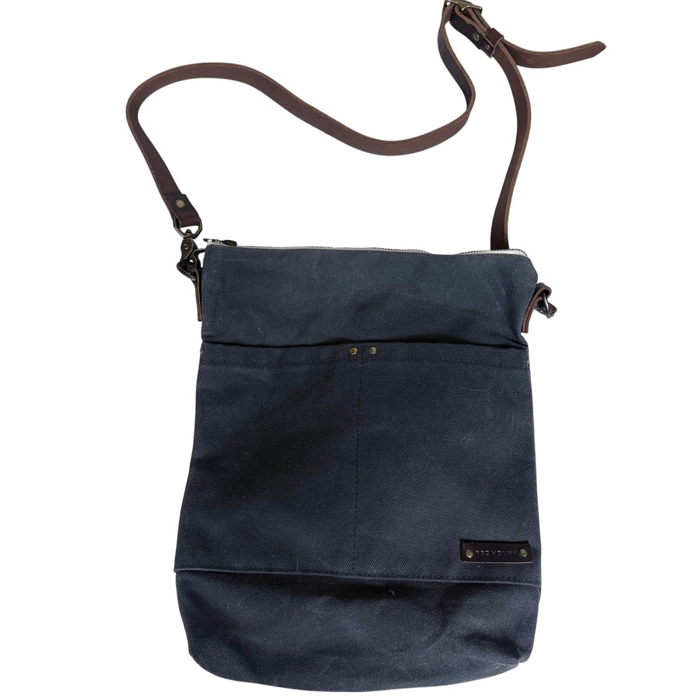 Red House Crossbody Bag Unisex Medium Black Waxed Canvas Leather Strap Handmade